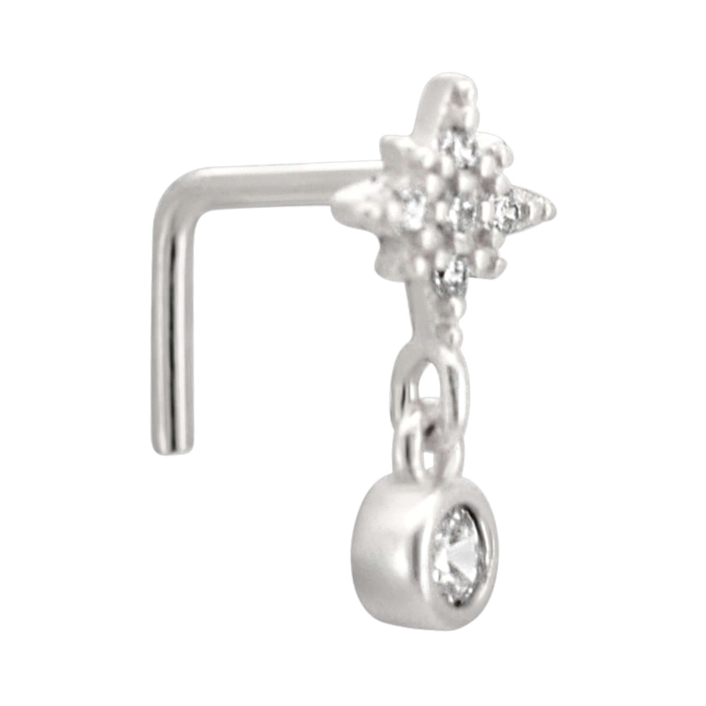 Sterling Silver Starburst with Dangling CZ L-Shaped Nose Ring