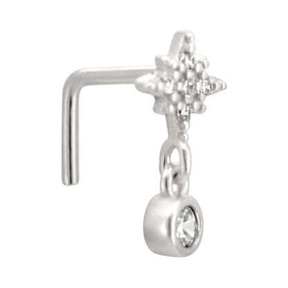 Sterling Silver Starburst with Dangling CZ L-Shaped Nose Ring