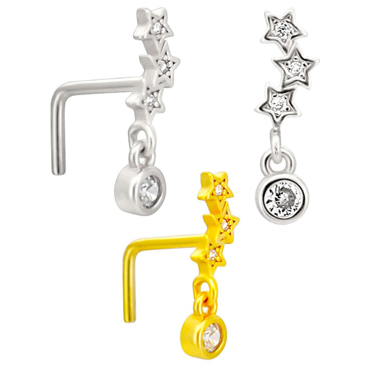 Sterling Silver Three Star Constellation with Dangling CZ L-Shaped Nose Ring