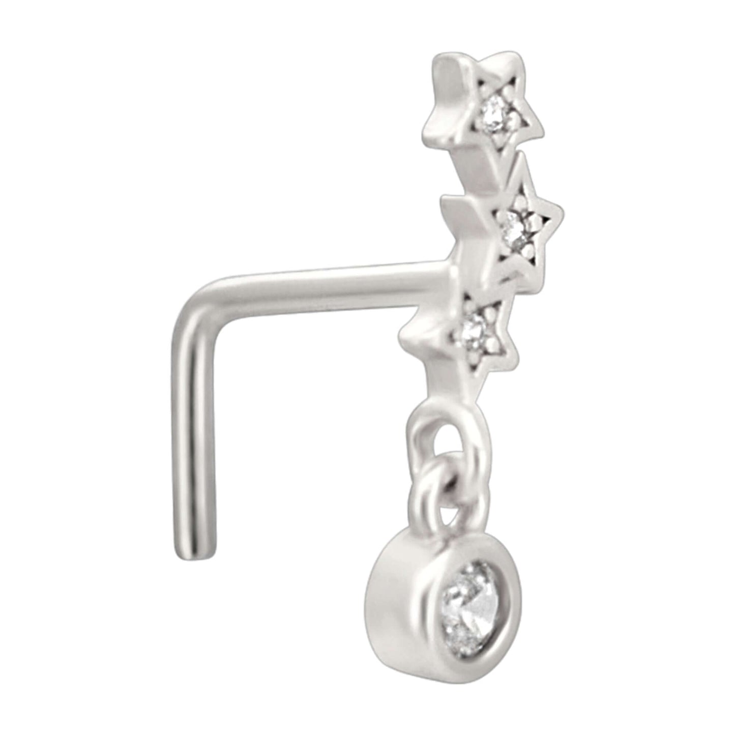 Sterling Silver Three Star Constellation with Dangling CZ L-Shaped Nose Ring