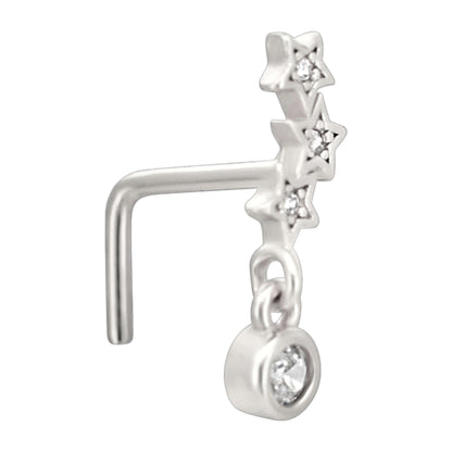 Sterling Silver Three Star Constellation with Dangling CZ L-Shaped Nose Ring