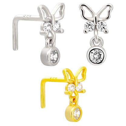 Sterling Silver Butterfly with Dangling CZ L-Shaped Nose Ring