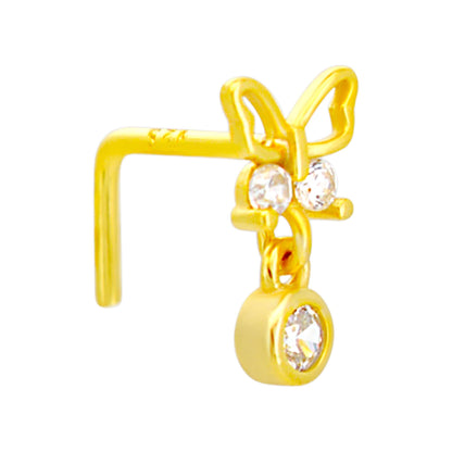 Sterling Silver Butterfly with Dangling CZ L-Shaped Nose Ring
