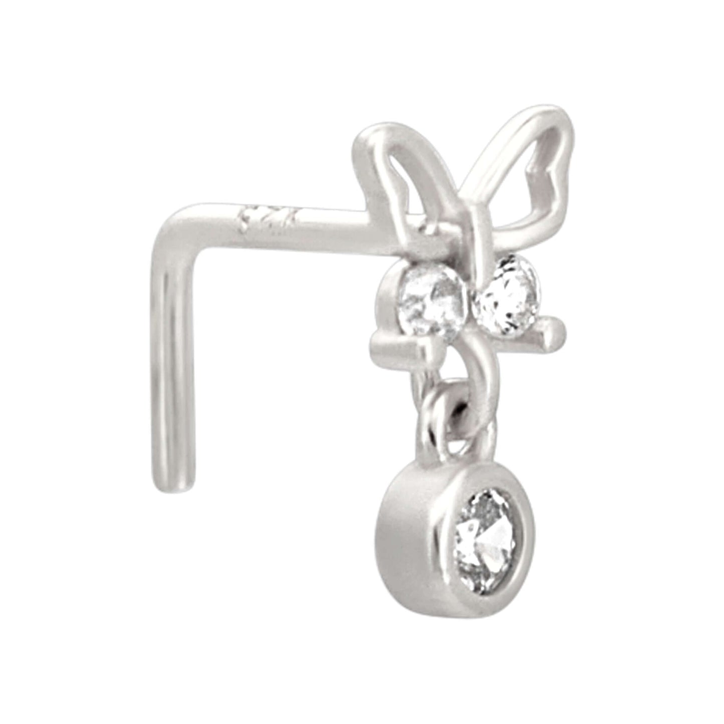 Sterling Silver Butterfly with Dangling CZ L-Shaped Nose Ring