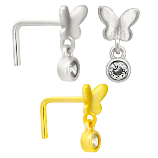 Sterling Silver Plain Butterfly with Dangling CZ L-Shaped Nose Ring