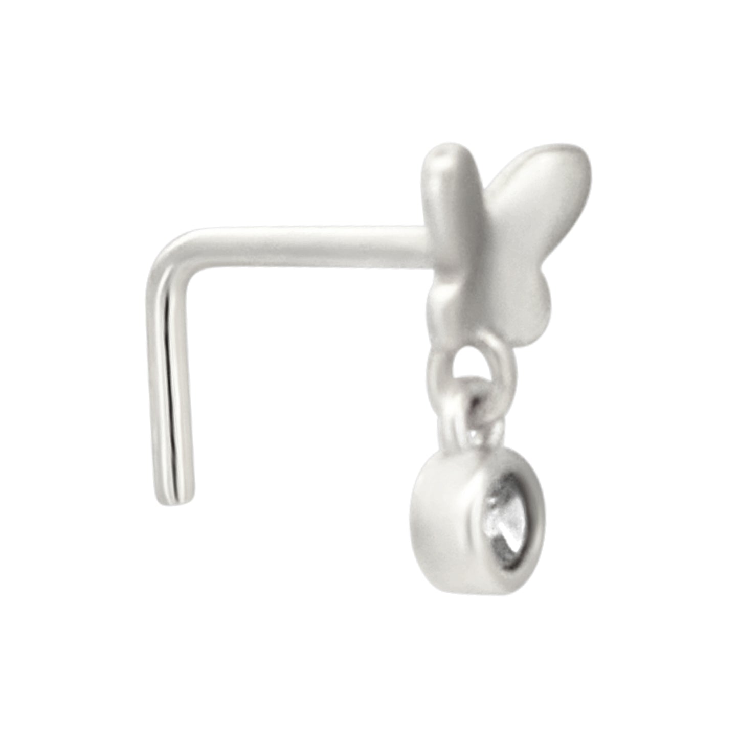 Sterling Silver Plain Butterfly with Dangling CZ L-Shaped Nose Ring