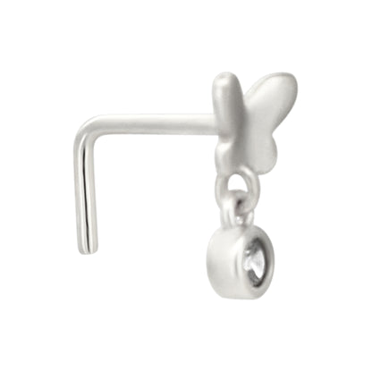 Sterling Silver Plain Butterfly with Dangling CZ L-Shaped Nose Ring