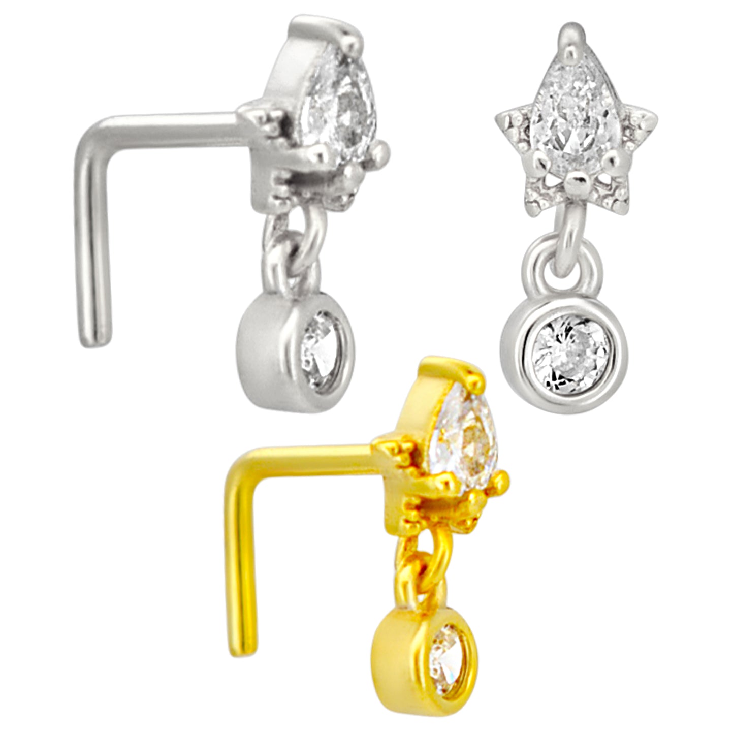 Sterling Silver Pear CZ on Star with Dangling CZ L-Shaped Nose Ring