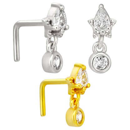 Sterling Silver Pear CZ on Star with Dangling CZ L-Shaped Nose Ring