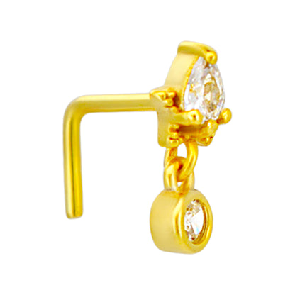 Sterling Silver Pear CZ on Star with Dangling CZ L-Shaped Nose Ring