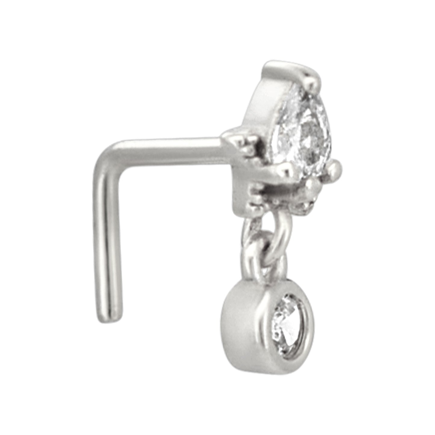 Sterling Silver Pear CZ on Star with Dangling CZ L-Shaped Nose Ring