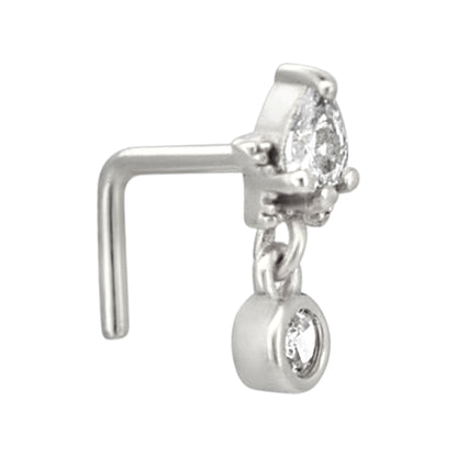 Sterling Silver Pear CZ on Star with Dangling CZ L-Shaped Nose Ring