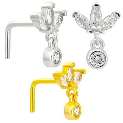 Sterling Silver Three Marquise CZ with Dangling CZ L-Shaped Nose Ring