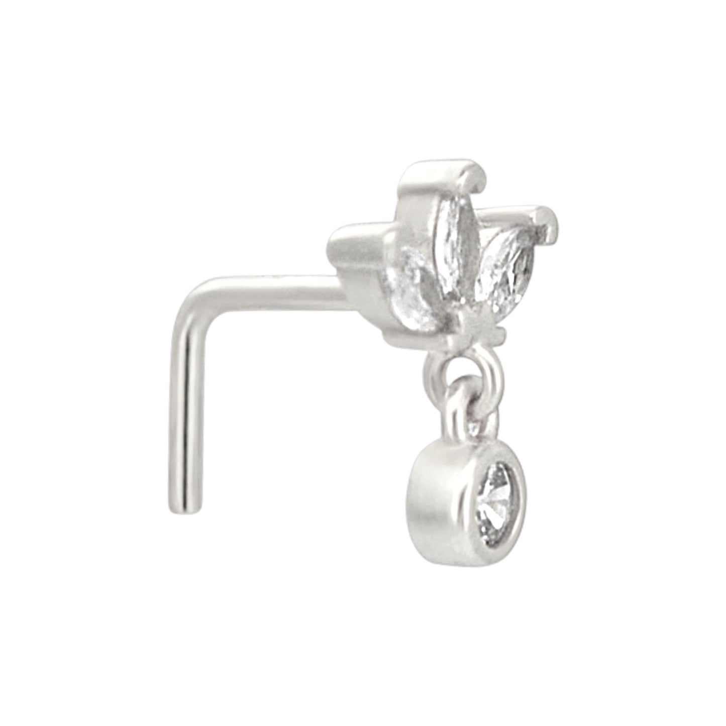 Sterling Silver Three Marquise CZ with Dangling CZ L-Shaped Nose Ring