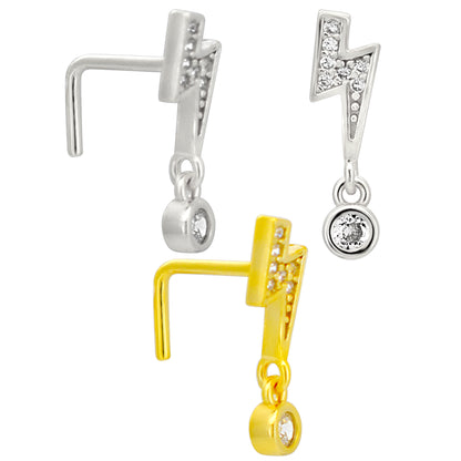 Sterling Silver Lightning Bolt with Dangling CZ L-Shaped Nose Ring