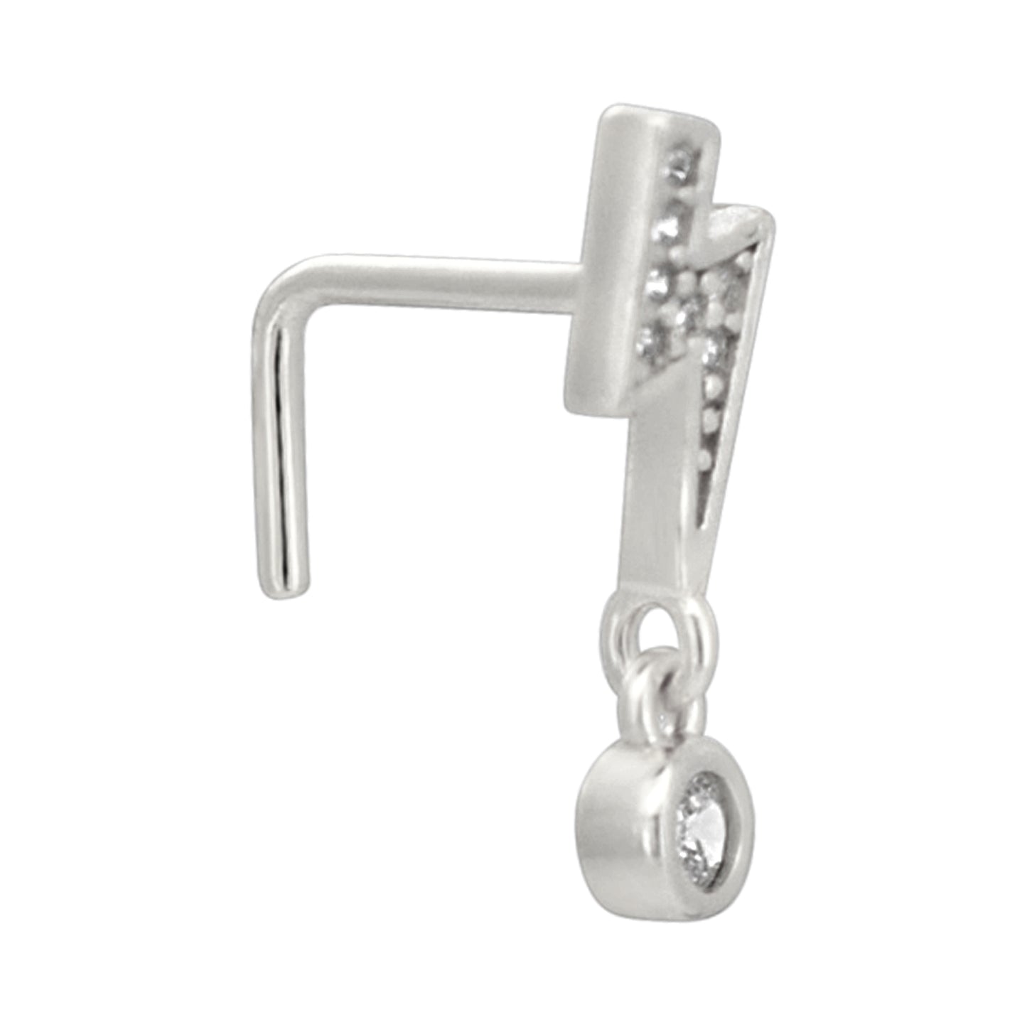 Sterling Silver Lightning Bolt with Dangling CZ L-Shaped Nose Ring