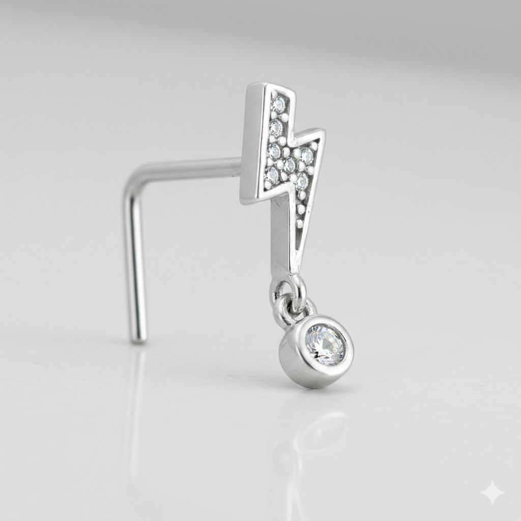Sterling Silver Lightning Bolt with Dangling CZ L-Shaped Nose Ring