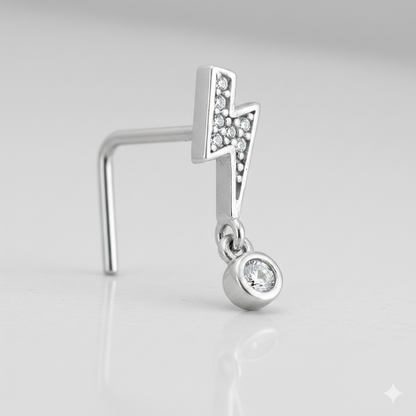 Sterling Silver Lightning Bolt with Dangling CZ L-Shaped Nose Ring