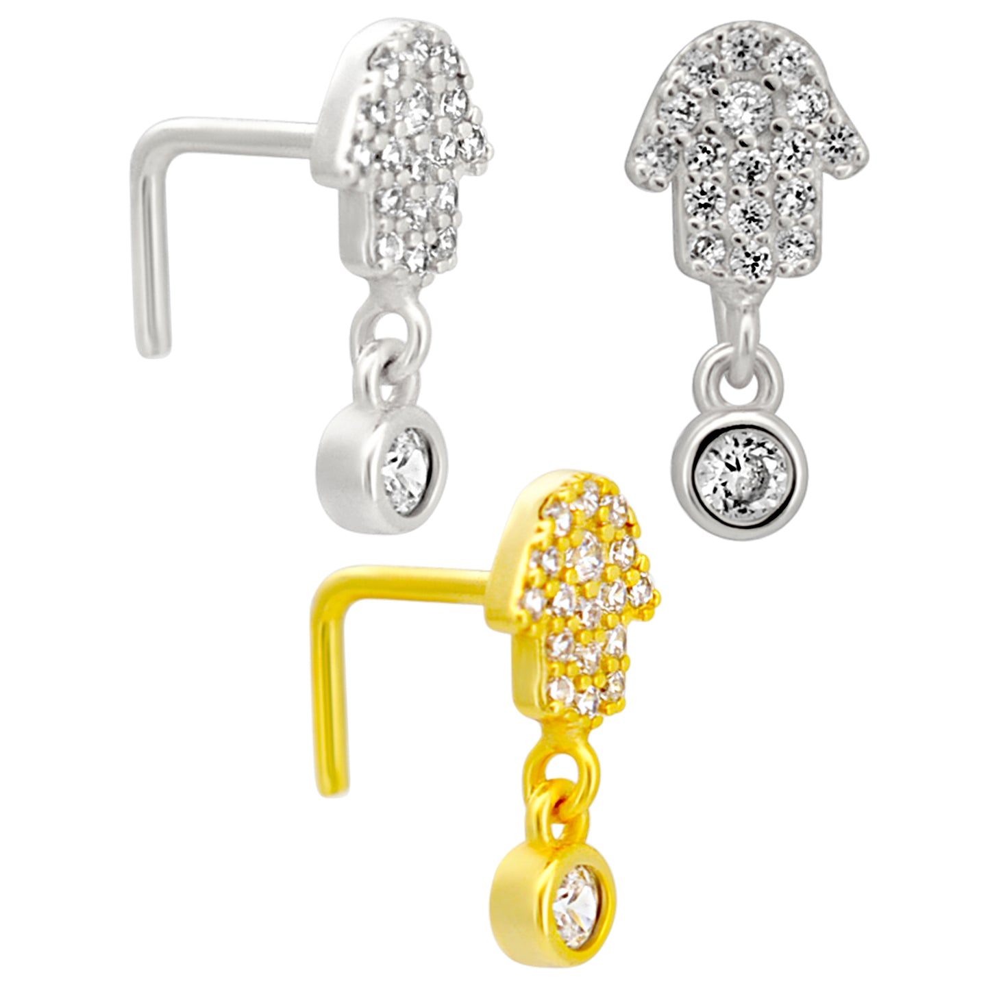 Sterling Silver Hamsa Hand with Dangling CZ L-Shaped Nose Ring