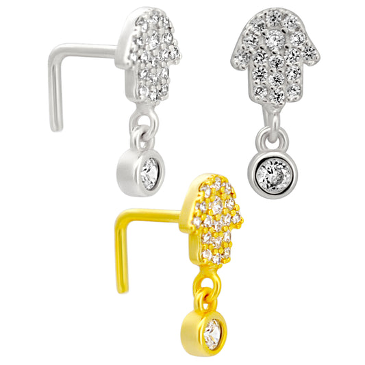 Sterling Silver Hamsa Hand with Dangling CZ L-Shaped Nose Ring