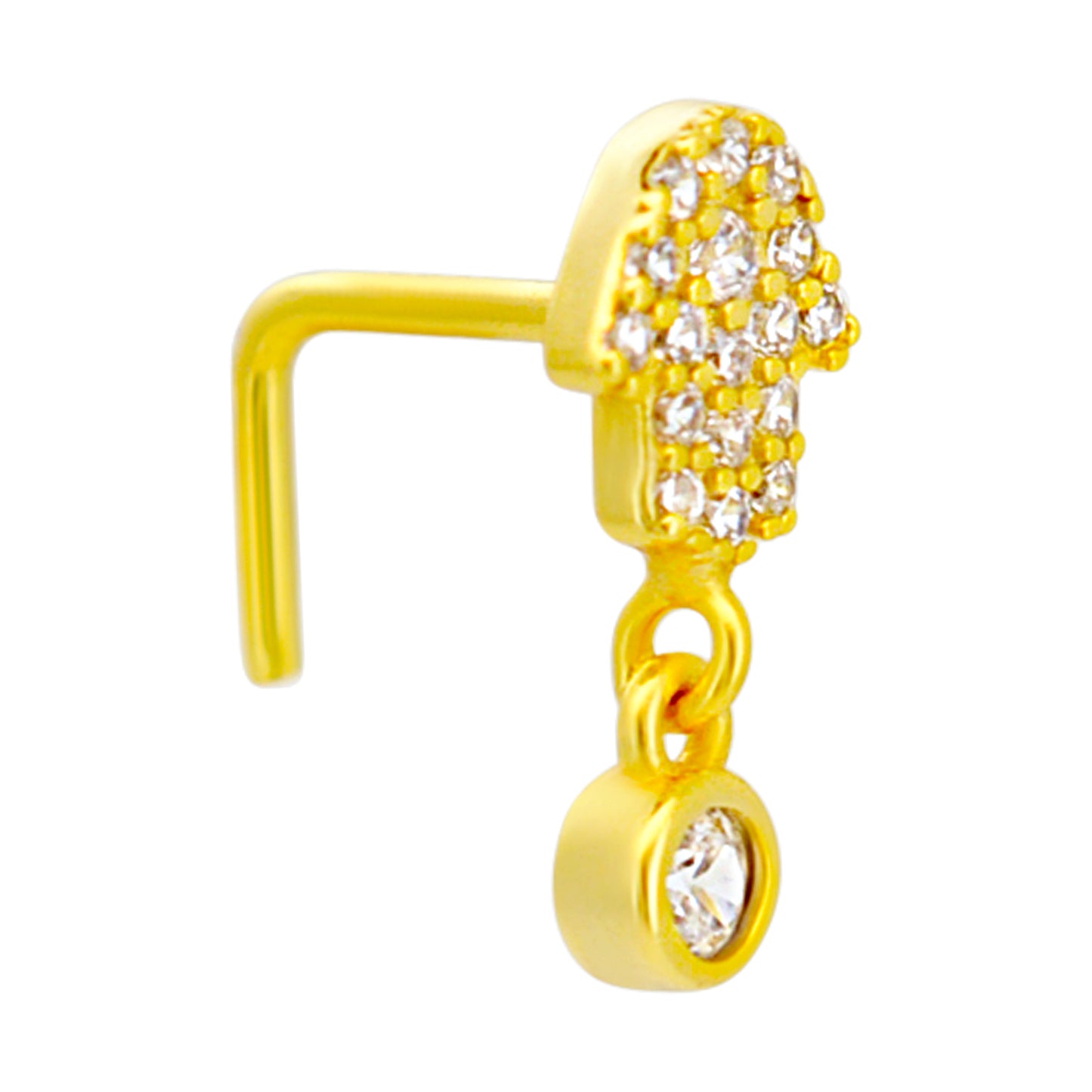 Sterling Silver Hamsa Hand with Dangling CZ L-Shaped Nose Ring