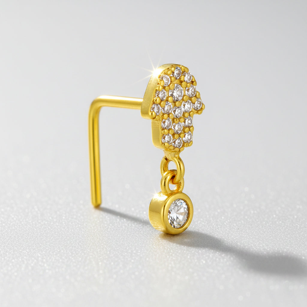 Sterling Silver Hamsa Hand with Dangling CZ L-Shaped Nose Ring
