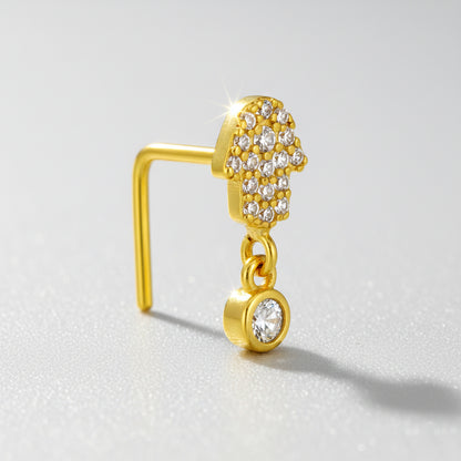 Sterling Silver Hamsa Hand with Dangling CZ L-Shaped Nose Ring