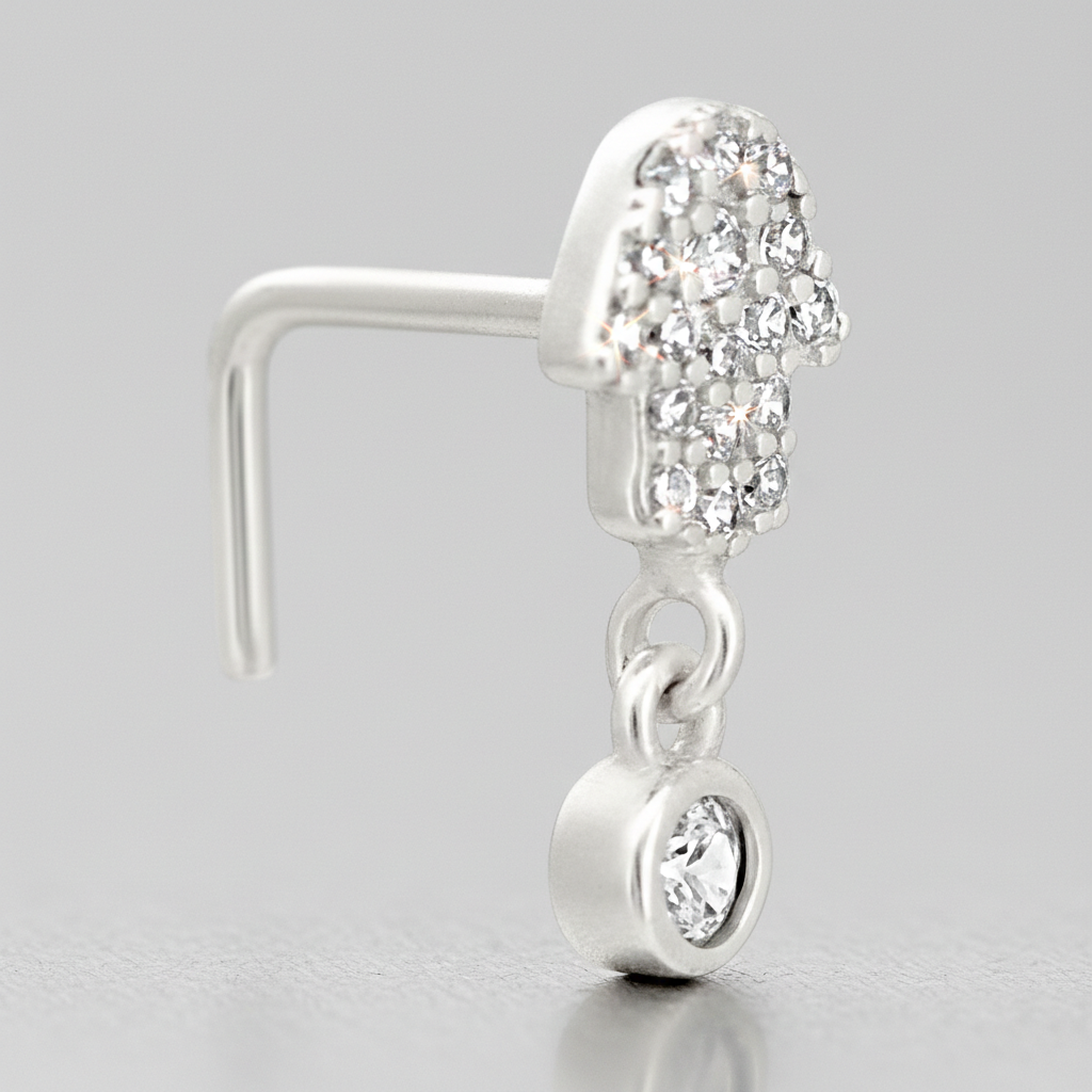Sterling Silver Hamsa Hand with Dangling CZ L-Shaped Nose Ring
