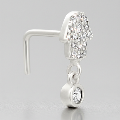Sterling Silver Hamsa Hand with Dangling CZ L-Shaped Nose Ring