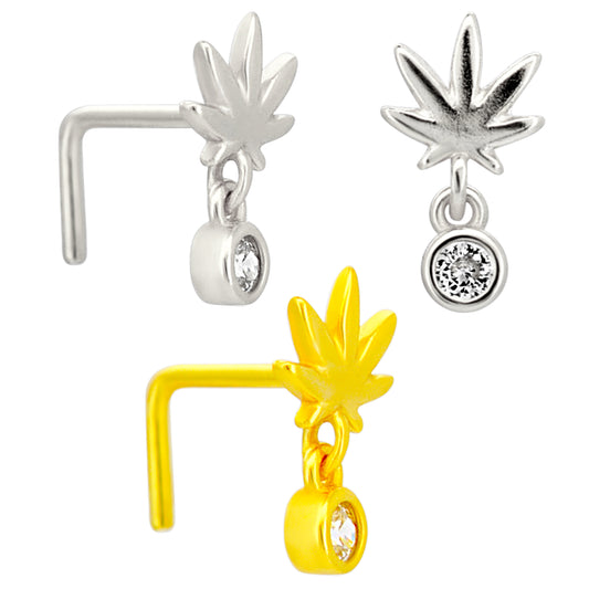 Sterling Silver Weed / Marijuana Leaf with Dangling CZ L-Shaped Nose Ring