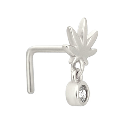 Sterling Silver Weed / Marijuana Leaf with Dangling CZ L-Shaped Nose Ring