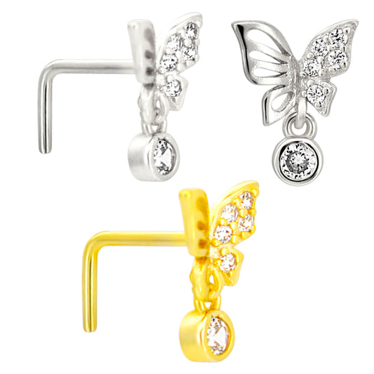 Sterling Silver Half CZ Studded Butterfly with Dangling CZ L-Shaped Nose Ring