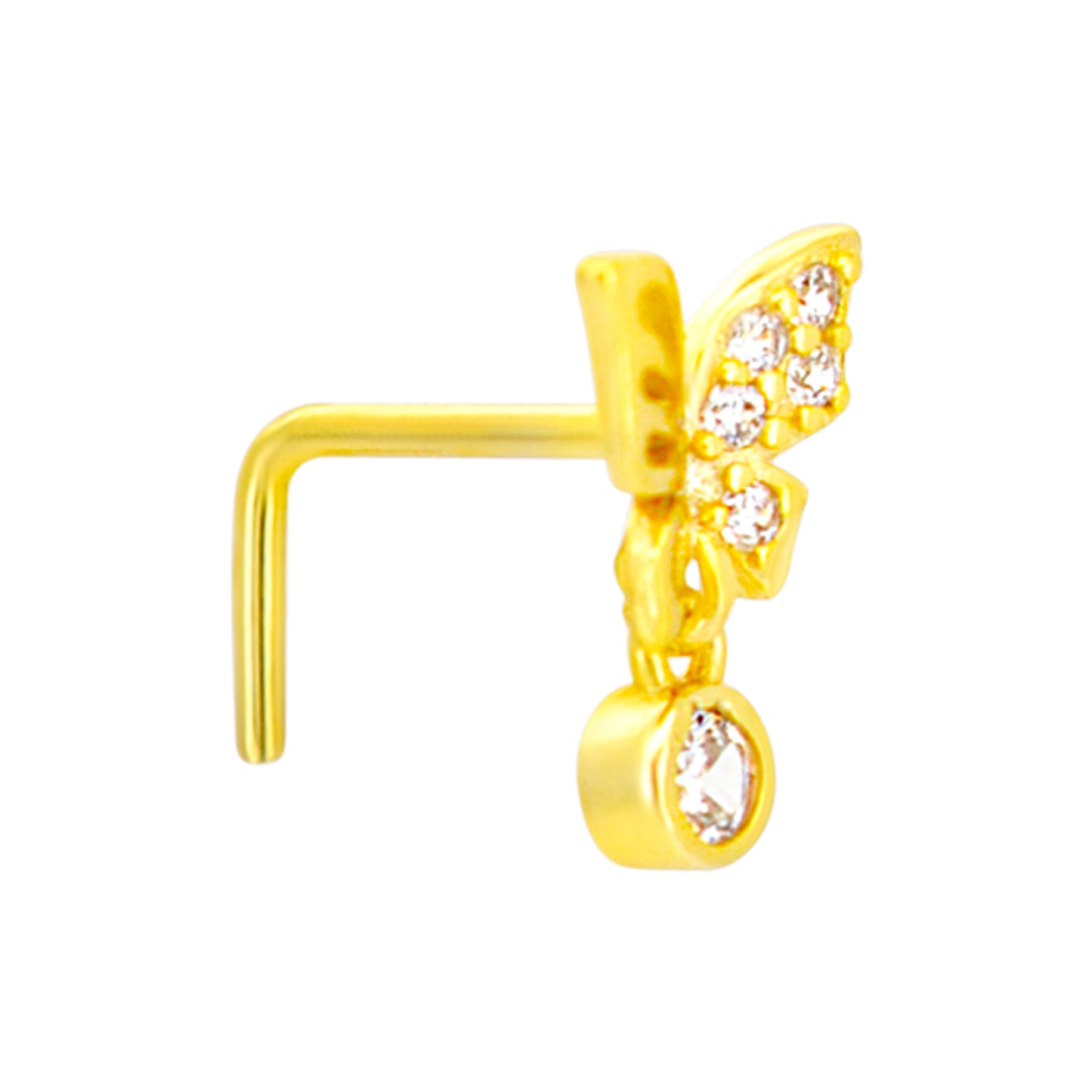 Sterling Silver Half CZ Studded Butterfly with Dangling CZ L-Shaped Nose Ring