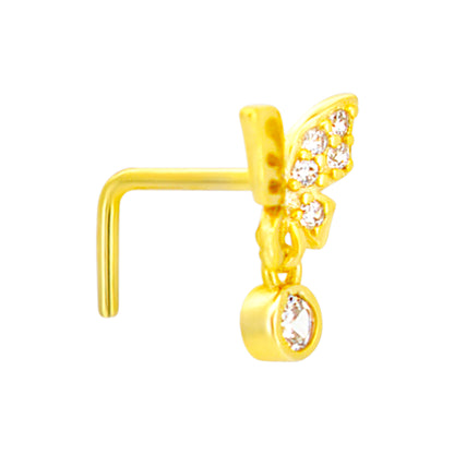 Sterling Silver Half CZ Studded Butterfly with Dangling CZ L-Shaped Nose Ring