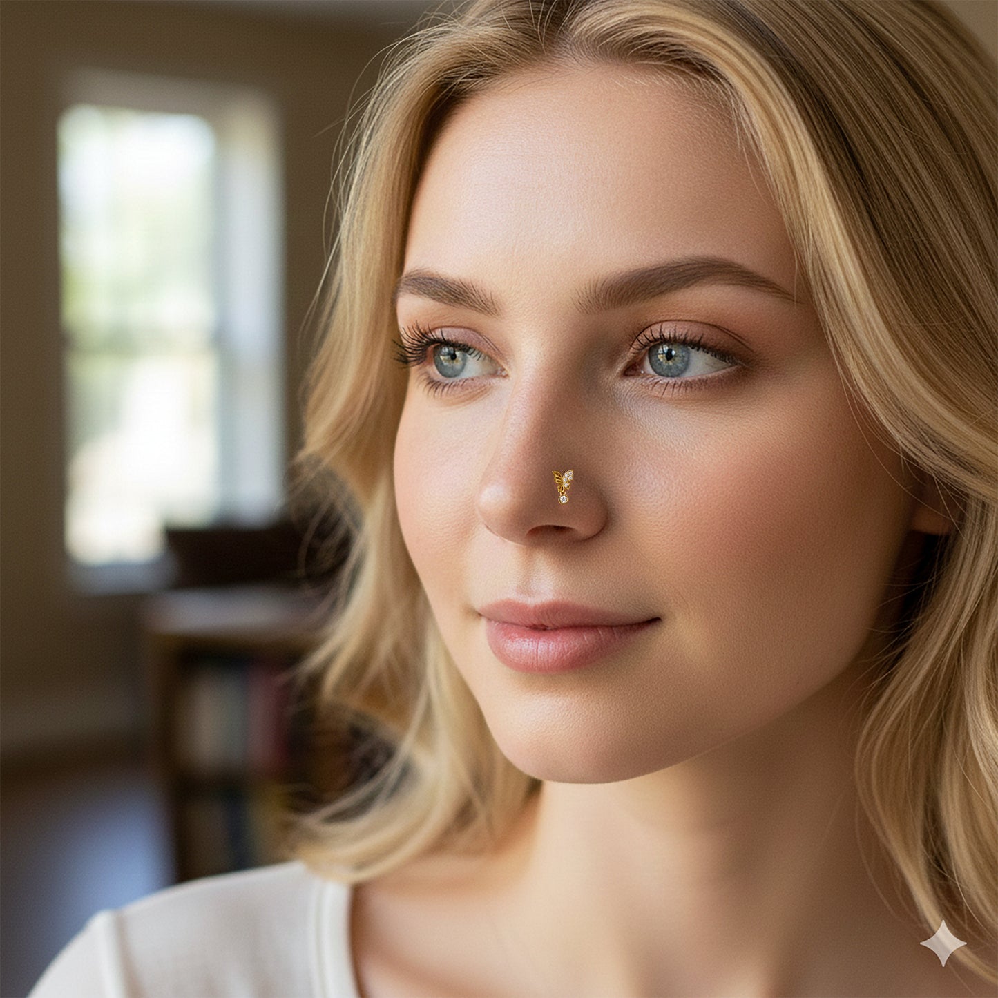 Sterling Silver Half CZ Studded Butterfly with Dangling CZ L-Shaped Nose Ring