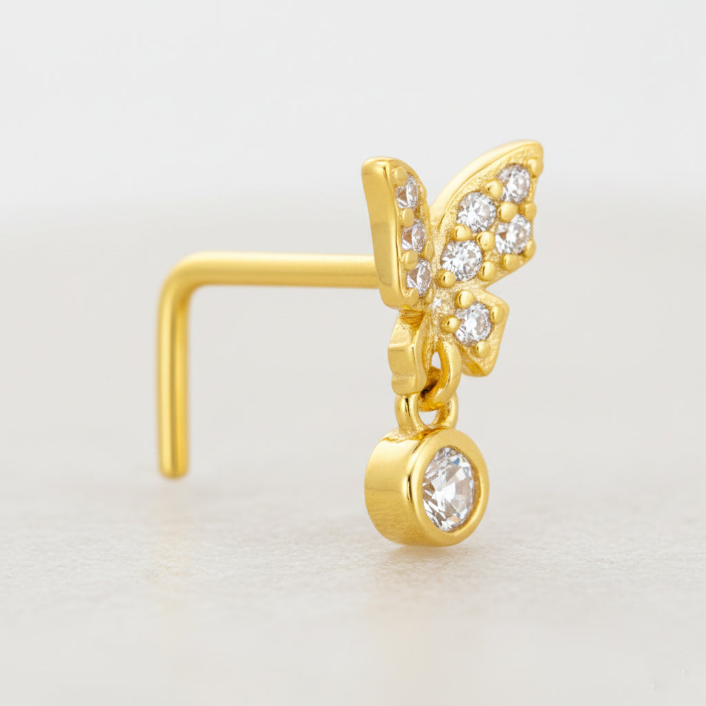 Sterling Silver Half CZ Studded Butterfly with Dangling CZ L-Shaped Nose Ring