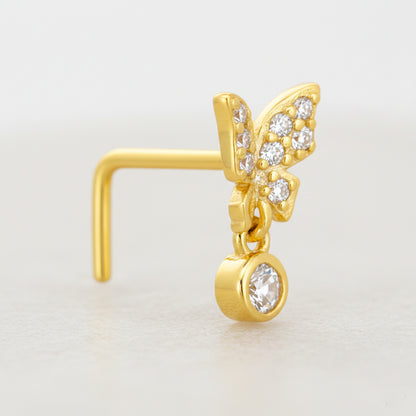 Sterling Silver Half CZ Studded Butterfly with Dangling CZ L-Shaped Nose Ring
