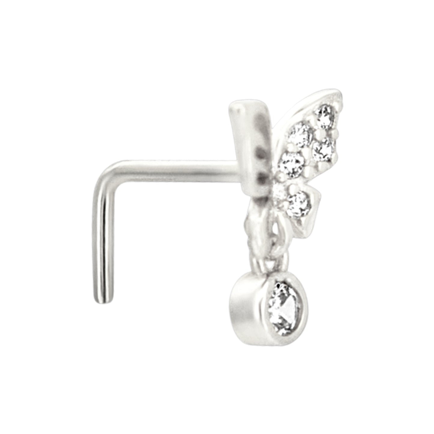 Sterling Silver Half CZ Studded Butterfly with Dangling CZ L-Shaped Nose Ring