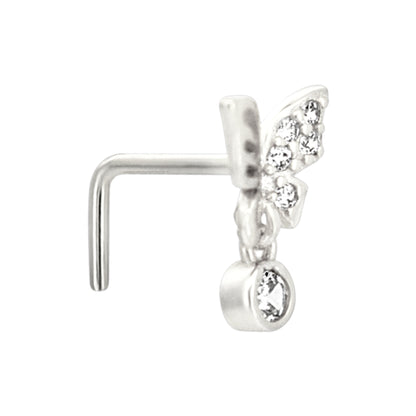 Sterling Silver Half CZ Studded Butterfly with Dangling CZ L-Shaped Nose Ring