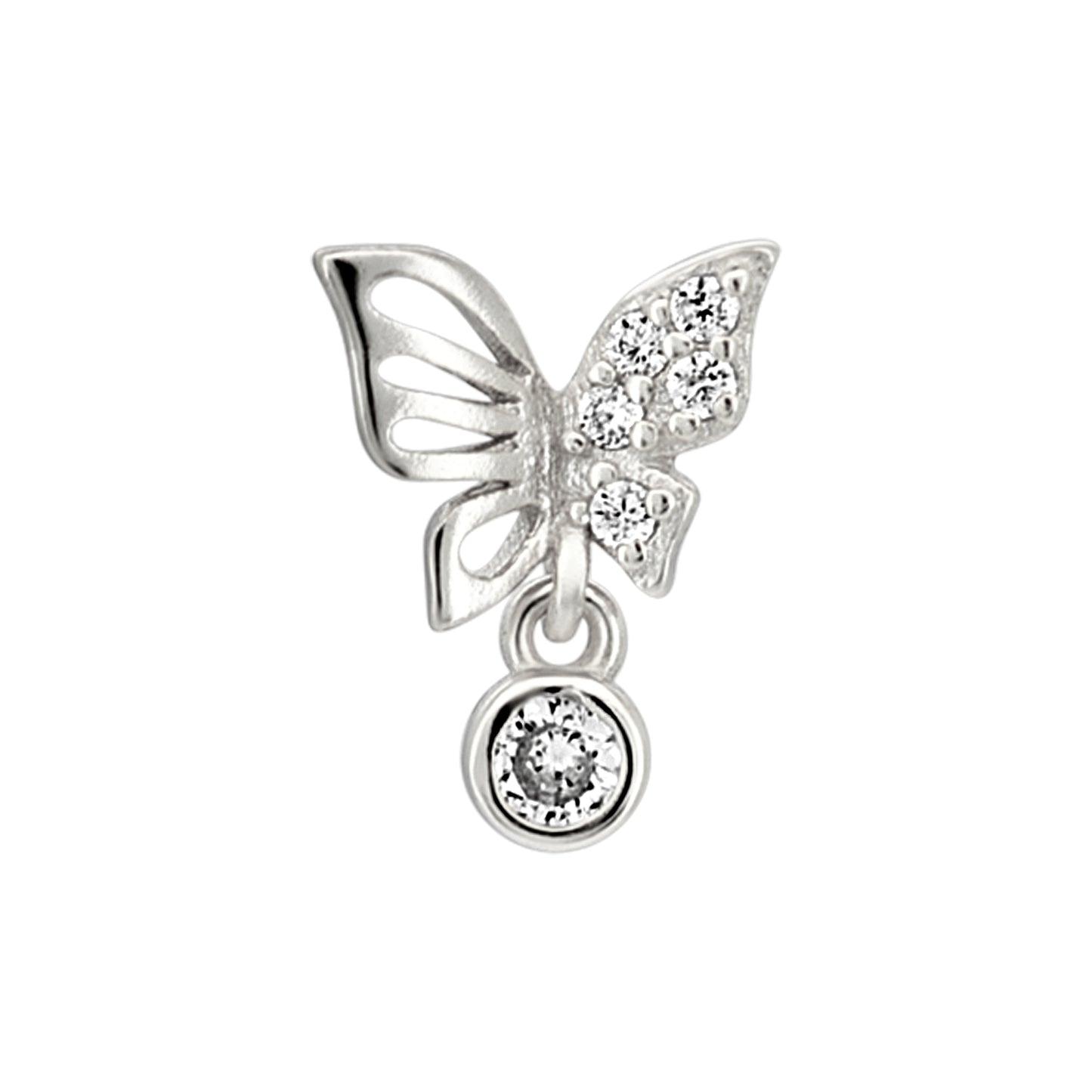 Sterling Silver Half CZ Studded Butterfly with Dangling CZ L-Shaped Nose Ring