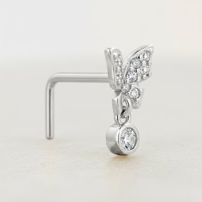 Sterling Silver Half CZ Studded Butterfly with Dangling CZ L-Shaped Nose Ring