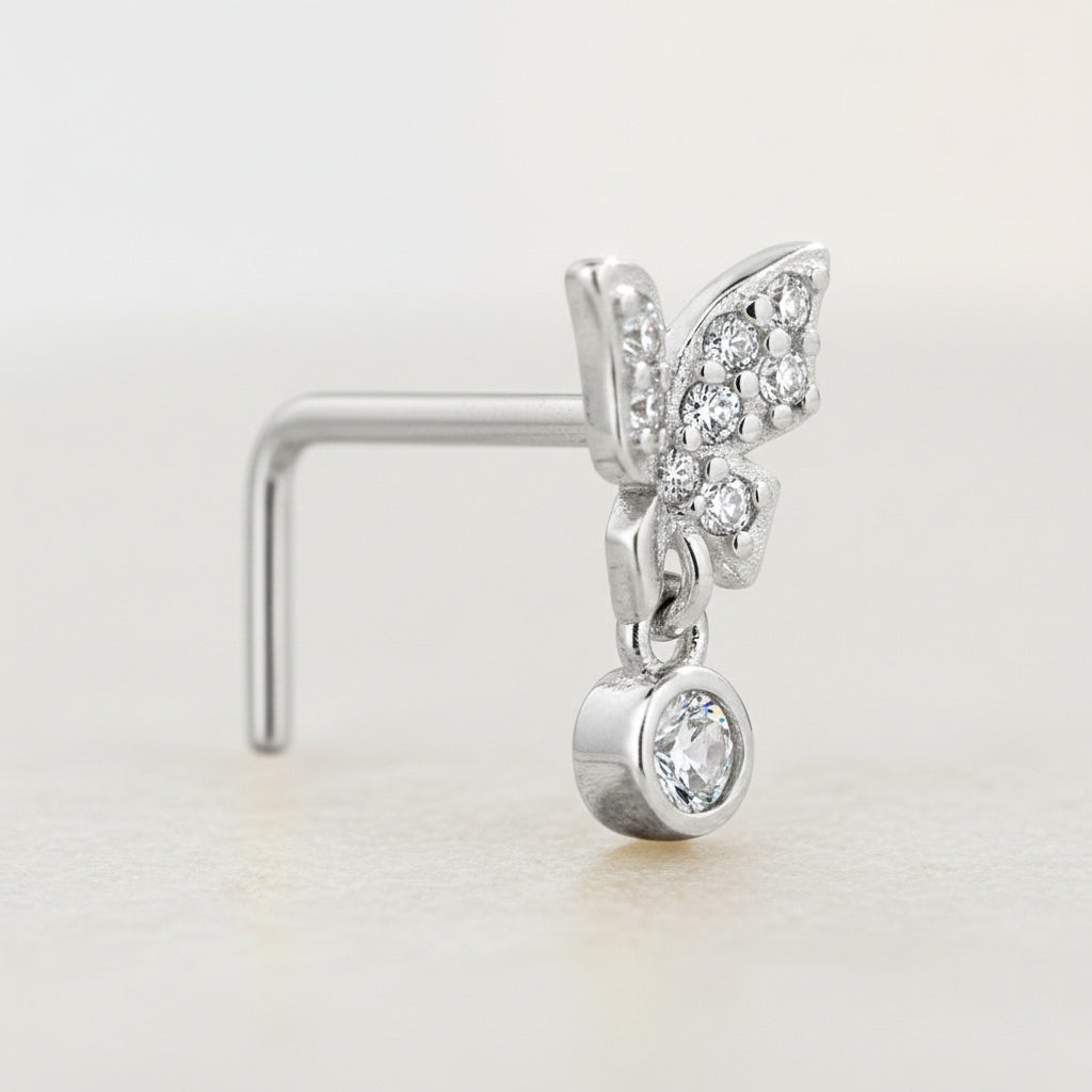 Sterling Silver Half CZ Studded Butterfly with Dangling CZ L-Shaped Nose Ring