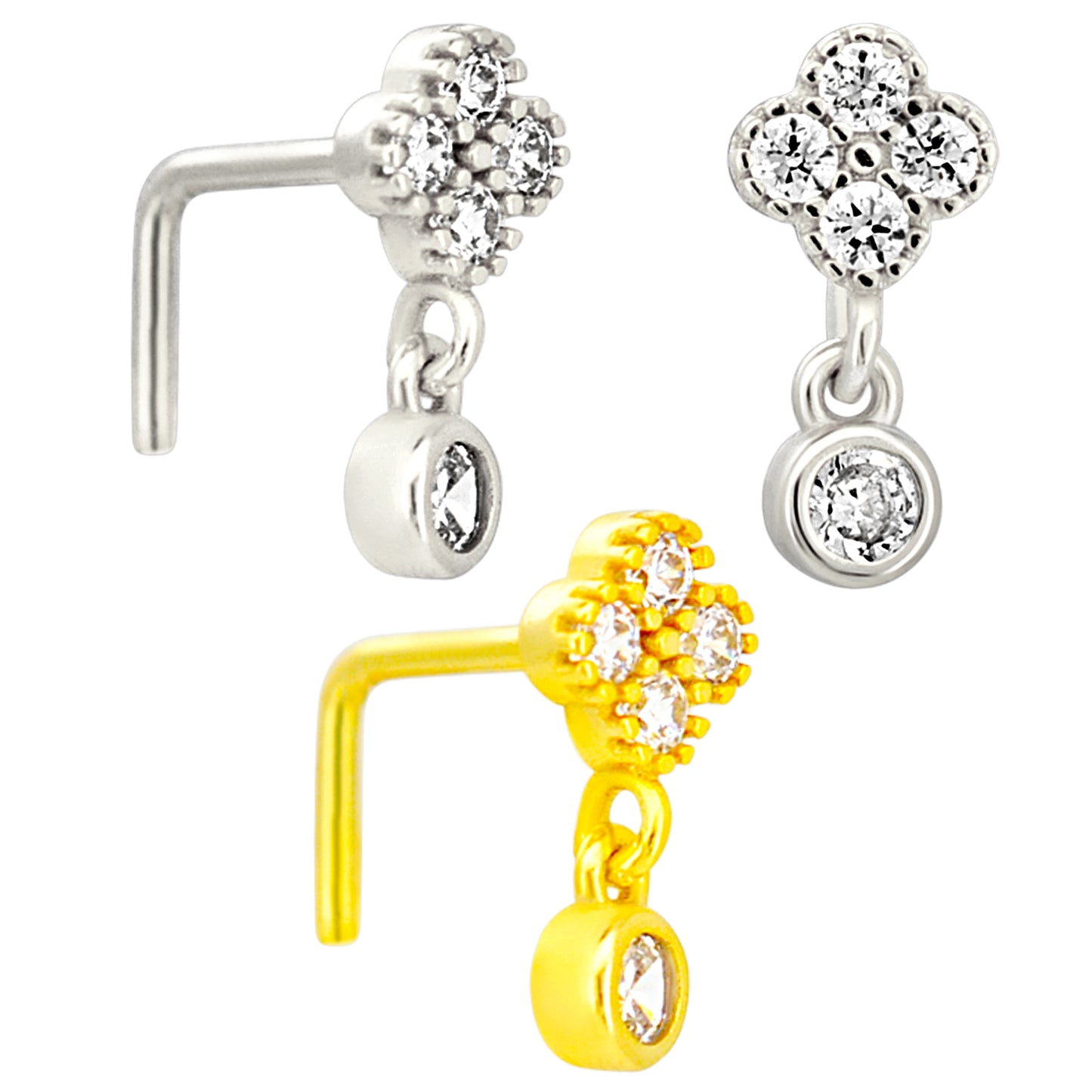 Sterling Silver Four Leaf Clover Dangling CZ L-Shaped Nose Ring