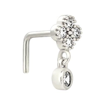 Sterling Silver Four Leaf Clover Dangling CZ L-Shaped Nose Ring