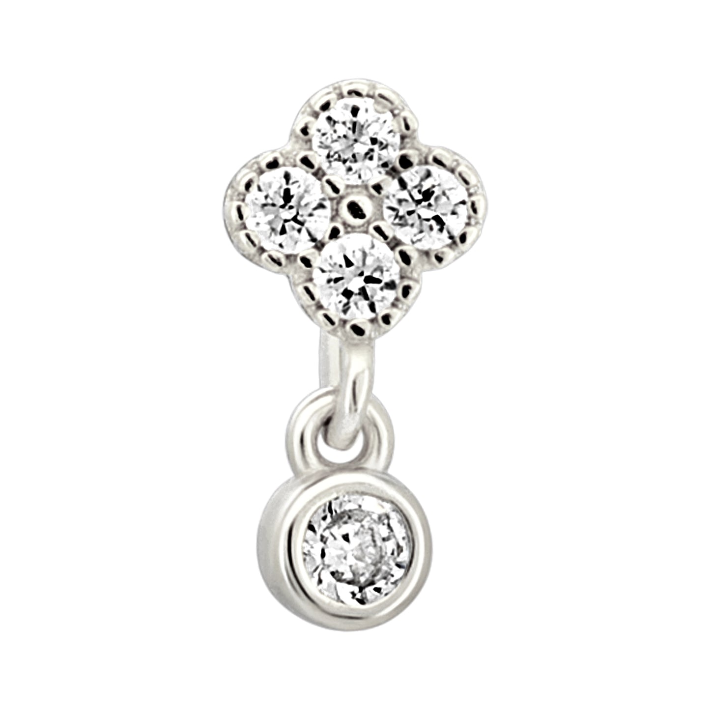 Sterling Silver Four Leaf Clover Dangling CZ L-Shaped Nose Ring