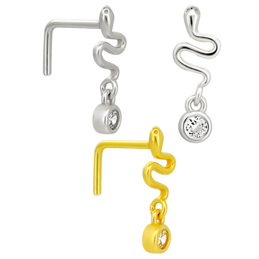 Sterling Silver Snake Dangling CZ L-Shaped Nose Ring