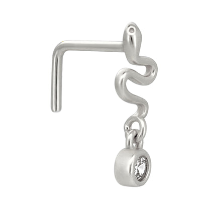 Sterling Silver Snake Dangling CZ L-Shaped Nose Ring