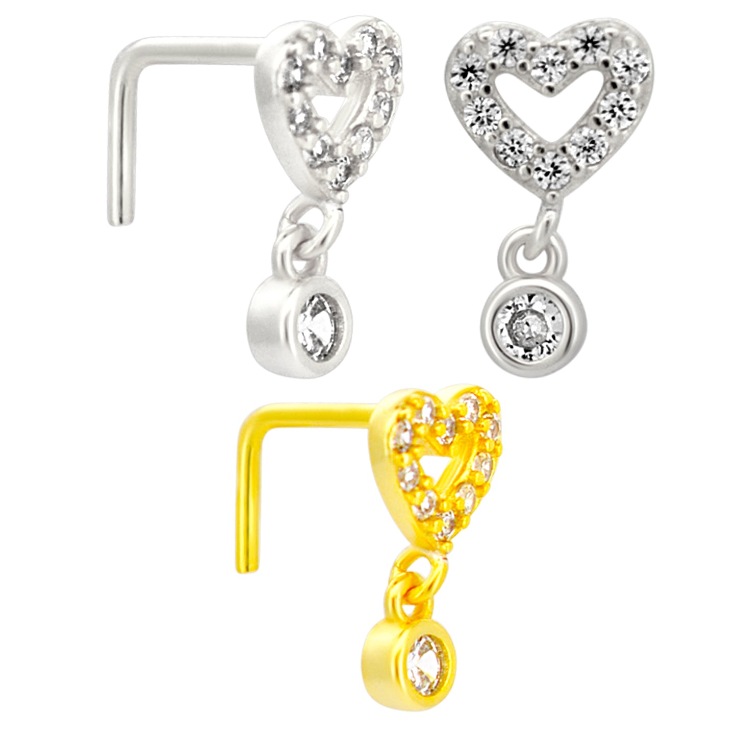 Sterling Silver Hollow CZ Studded Heart Dangling CZ L-Shaped Nose Ring