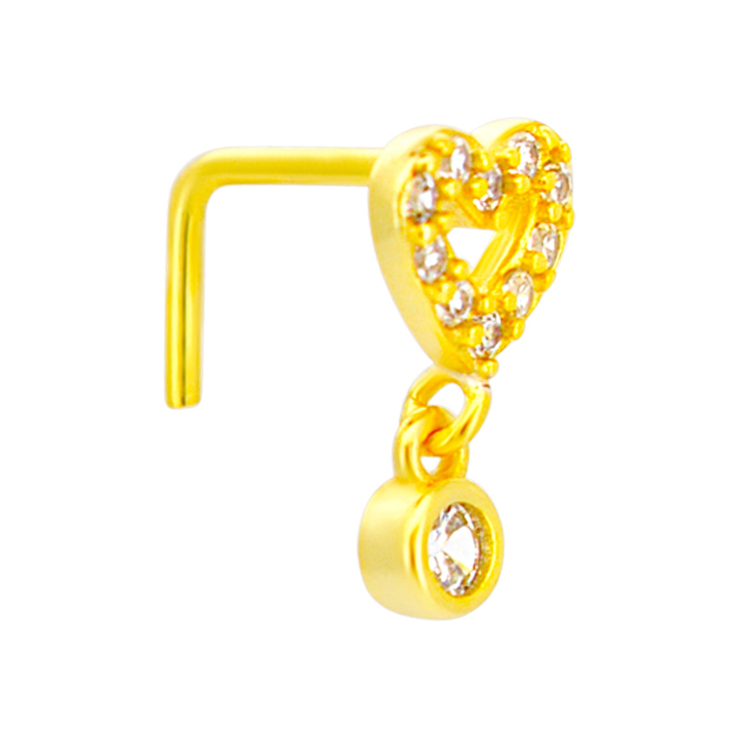 Sterling Silver Hollow CZ Studded Heart Dangling CZ L-Shaped Nose Ring