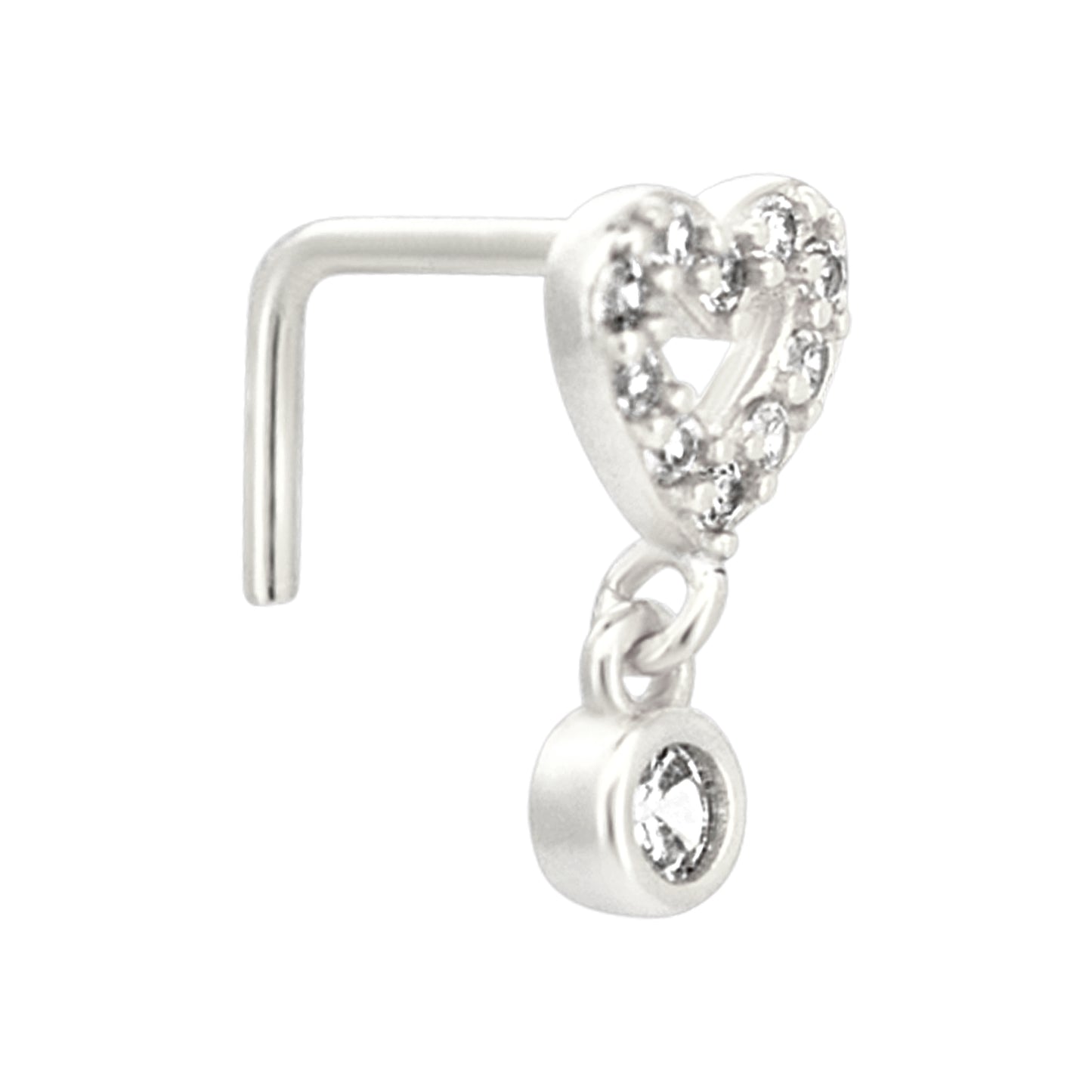 Sterling Silver Hollow CZ Studded Heart Dangling CZ L-Shaped Nose Ring